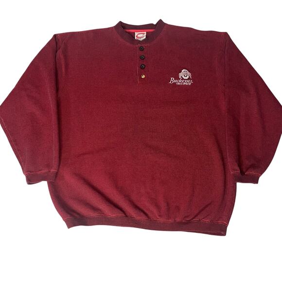Vintage 90s Ohio State University Buckeyes Red Embroidered Henley Sweatshirt Med - Picture 1 of 6